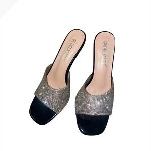 Delicacy Veronica-10 Rhinestone Clear Block Heel Slide Sandals Black Silver 8